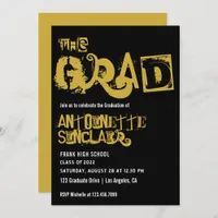 Black and Gold Grunge Typography Graduation Party Invitation