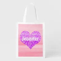 Purple heart shining stars name grocery bag