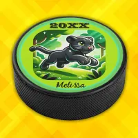 Monogrammed with Black and Green Panther Cub | Hockey Puck