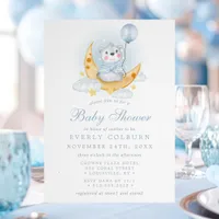 Bear On Moon Watercolor Striped Boy Baby Shower Invitation