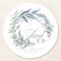 Silver Leaf Wreath Thank You Dusty Blue ID876 Round Paper Coaster