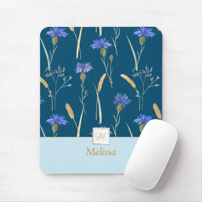 Blue Floral Wildflower Monogram Mouse Pad