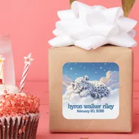 Cute Snow Leopard Cub Sleeps on Clouds Baby Shower Square Sticker