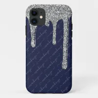 Navy Blue Silver Glitter Drips Handwritten Name iPhone 11 Case