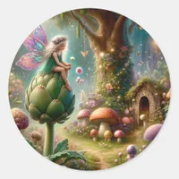 Fairy sitting on an Artichoke Magical Illutration Classic Round Sticker