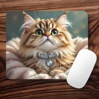Cute Gray Fluffy Tabby Cat with Diamond Collar Mouse Pad