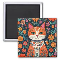 Whimsical Folk Art Cat and Flowers Magnet