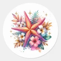 Pink, Blue and Gold Coastal Starfish Beachy Classic Round Sticker