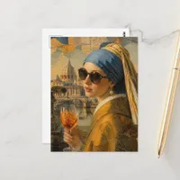 Surreal Woman With Pearl Earring Goes on Vacation Postcard