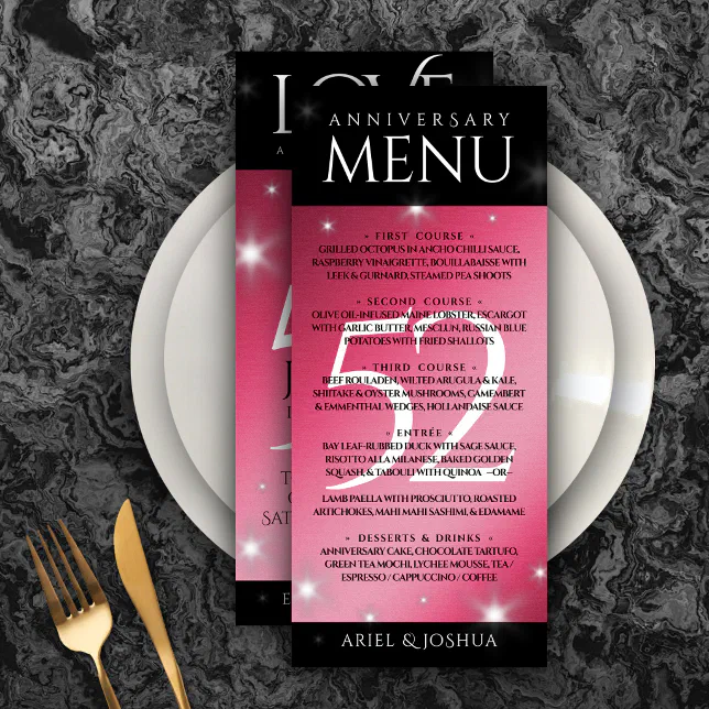 Elegant 52nd Star Ruby Wedding Anniversary Menu