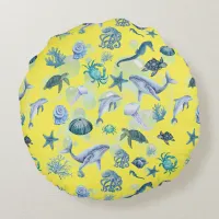 Under the Sea Blue Watercolor on yellow | Round Pillow