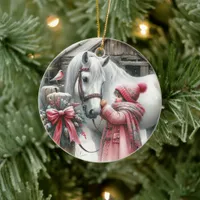 Little Girl and a Horse Rustic Farm Christmas Ceramic Ornament