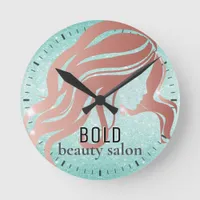 Beauty Salon Name Rose Gold + Aqua Blue Glitter Round Clock