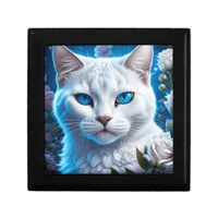 White Cat with Bright Blue Eyes Floral Gift Box