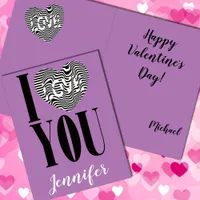 I love you black and white striped heart on purple holiday card