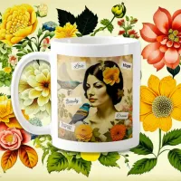 Beautiful Vintage Woman with Birds and Flowers Coffee Mug