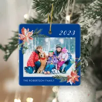 Christmas Botanical Family Photo Blue Ceramic Ornament