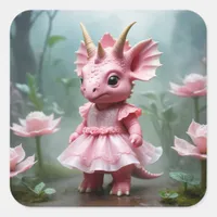 Baby Dino in a Pink Dress Square Sticker