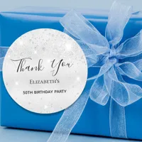 Birthday silver glitter name Thank You Classic Round Sticker