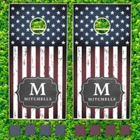 Grunge American Flag Family Monogram 4th Of July Cornhole Set