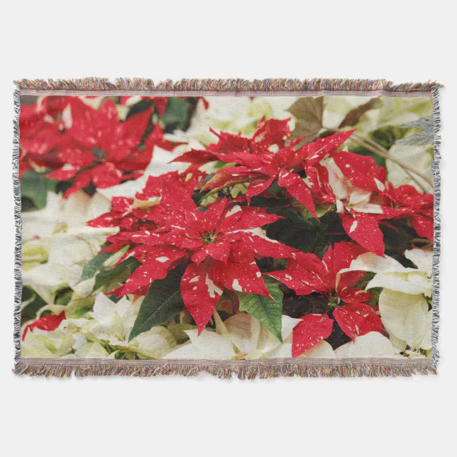 Festive Red White Floral Poinsettias Throw Blanket