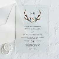 Chic Rustic Floral Stag Antlers Wedding Acrylic Invitations