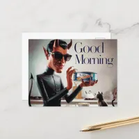 Good Morning Devil Feeding Cat Postcard