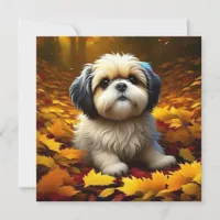 Shih Tzu Puppy Dog Playing in Fall Leaves   Cards