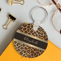 Modern Stylish Leopard Pattern Brown & Gold Stripe Keychain