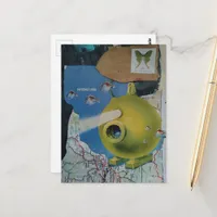 Retro Green Submarine Fish and Moth Collage Postcard