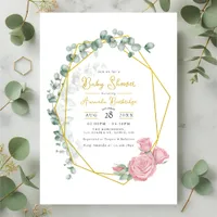 Gold Geometric Eucalyptus & Pink Roses Baby Shower Invitation