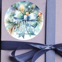 Christmas Pine Branch with Blue Bow and Ornaments Classic Round Sticker