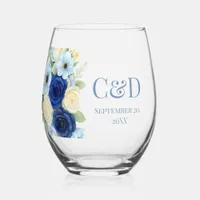 Navy Royal Bue Wedding Watercolor Ivory Flowers Stemless Wine Glass