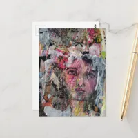 Unique face mixed media collage postcard