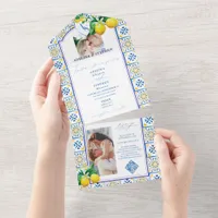 Blue Mediterranean Tiles Italy Crest Lemon Wedding All In One Invitation