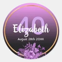 40th birthday purple and black gradient with gold classic round sticker