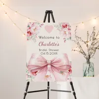 Pink bow cream florals bridal shower welcome sign