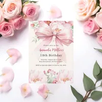 Blush pink bow florals cream birthday invitation