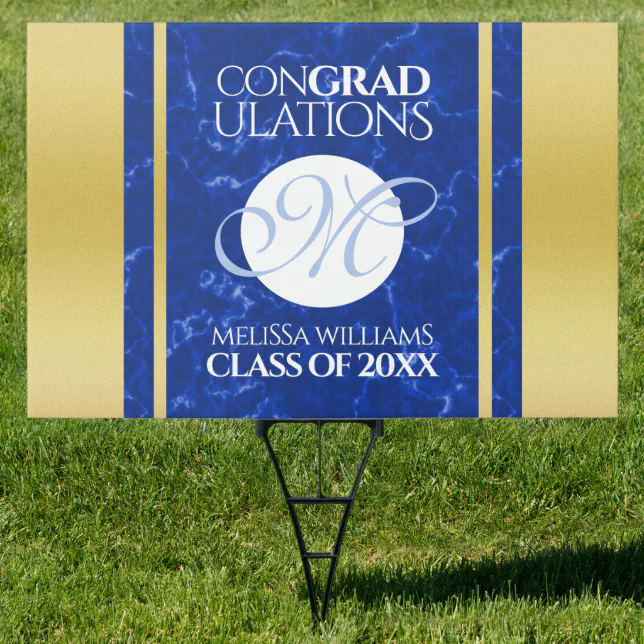 Elegant Graduation Monogram Blue Marble Gold Foil Sign