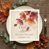 Red Burgundy Watercolor Fall In Love Wedding Napkins
