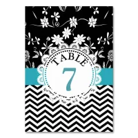 Blue Black Floral Wedding Table Number Card