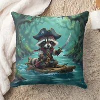 Cute Captain Raccoon Rafting Down the River Throw Pillow