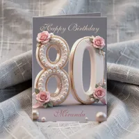 Elegant Chic Vintage Pearl Pink Rose 80th Birthday Card