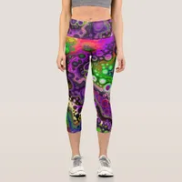 Purple, Lime Green and Black Marble Fluid Art    Capri Leggings