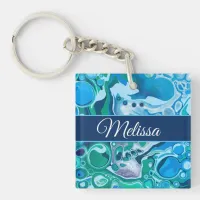 Personalized Blue Green Digital Marble Fluid Art   Keychain