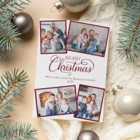 Elegant Minimal Christmas Script 4 Photo Burgundy Holiday Card