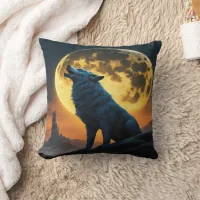 Night Howl Under a Full Moon in Fantasy Landscape Throw Pillow