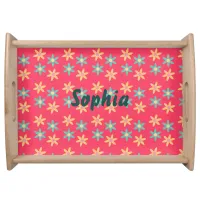 Pink Floral Patterned Bright Flower Personalized Serving Tray