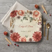 Watercolor Terracotta Autumn Floral Rustic Wedding Paper Plates