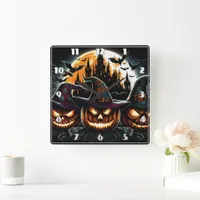 Glowing pumpkins shine under the moon square wall clock